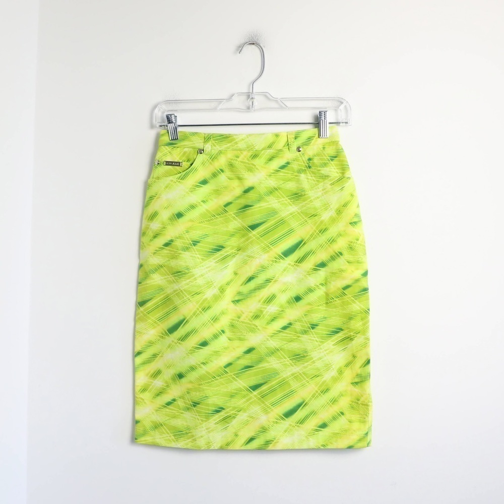 Escada vintage pencil skirt neon green yellow rave Y2K 90s fun cotton high waist